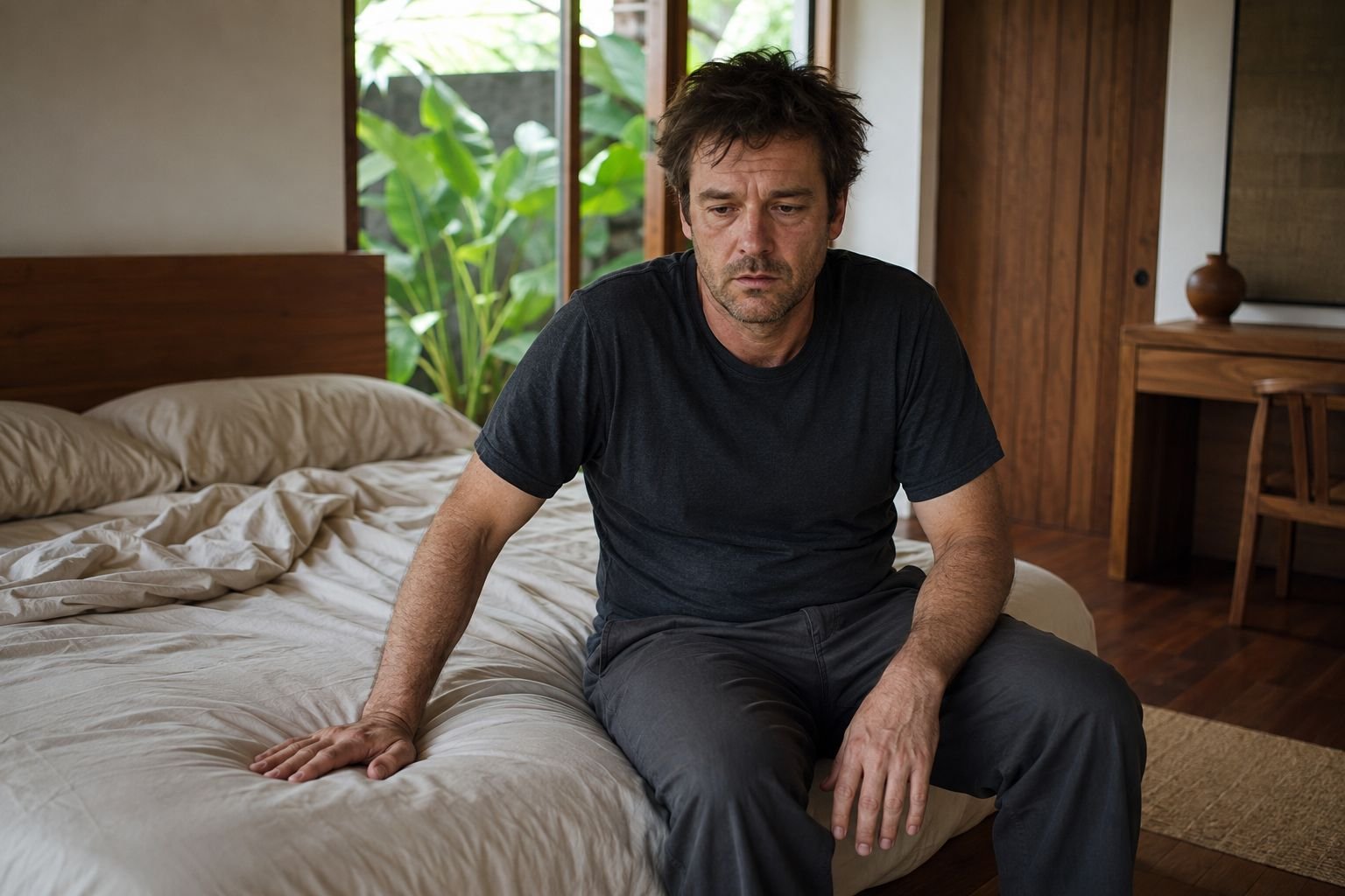 A tired man sits on the edge of an unmade bed in the morning, drained and low on energy during the crash phase of meth withdrawal.