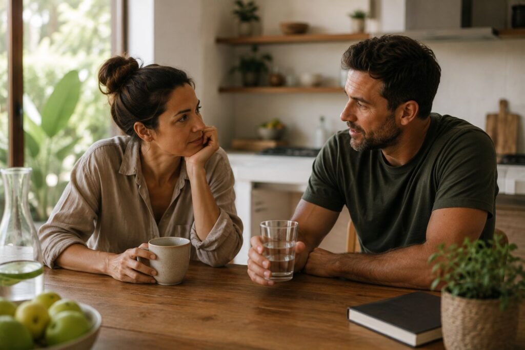 A woman listens as her partner talks across the kitchen table, a mug in her hand and a glass of water in his