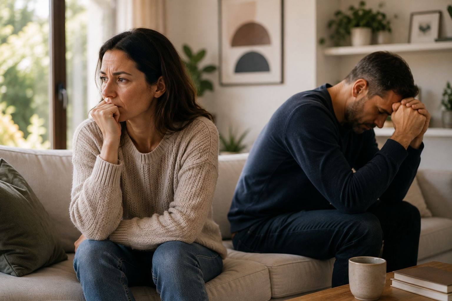 A woman sits apart from her alcoholic partner on a sofa, arms folded, while he sits with his head in his hands