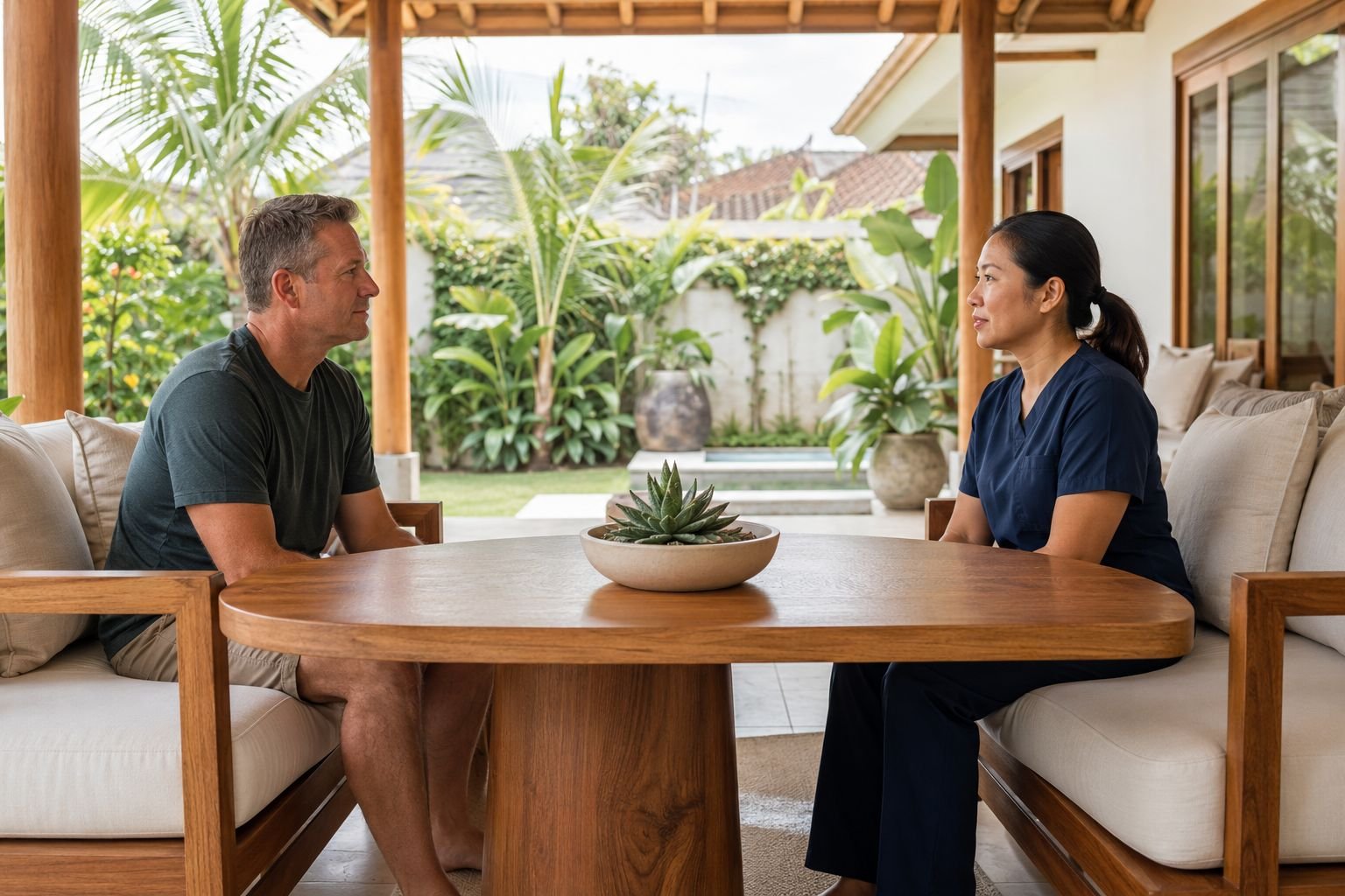 A man consults a healthcare professional in a calm outdoor Bali setting, representing seeking help for alcohol withdrawal symptoms