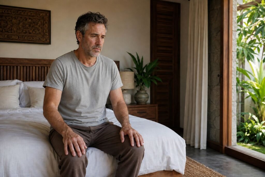 A man sits on the edge of a bed with a troubled expression, reflecting the emotional weight of alcohol withdrawal symptoms