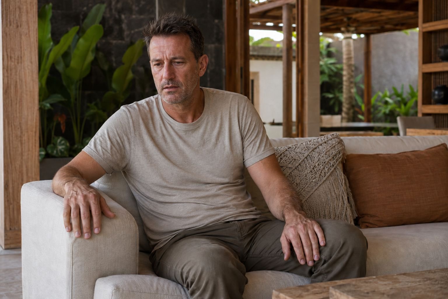 A man sits alone on a sofa looking withdrawn, illustrating the psychological impact of alcohol withdrawal symptoms