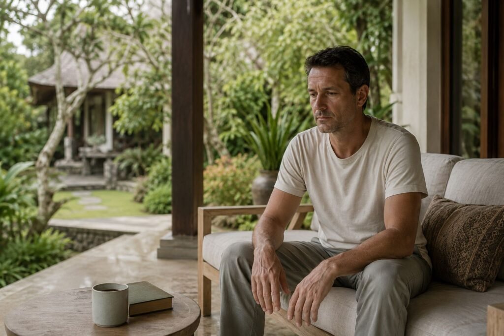man sits quietly on a shaded terrace overlooking a tropical garden during the later weeks of withdrawal recovery.
