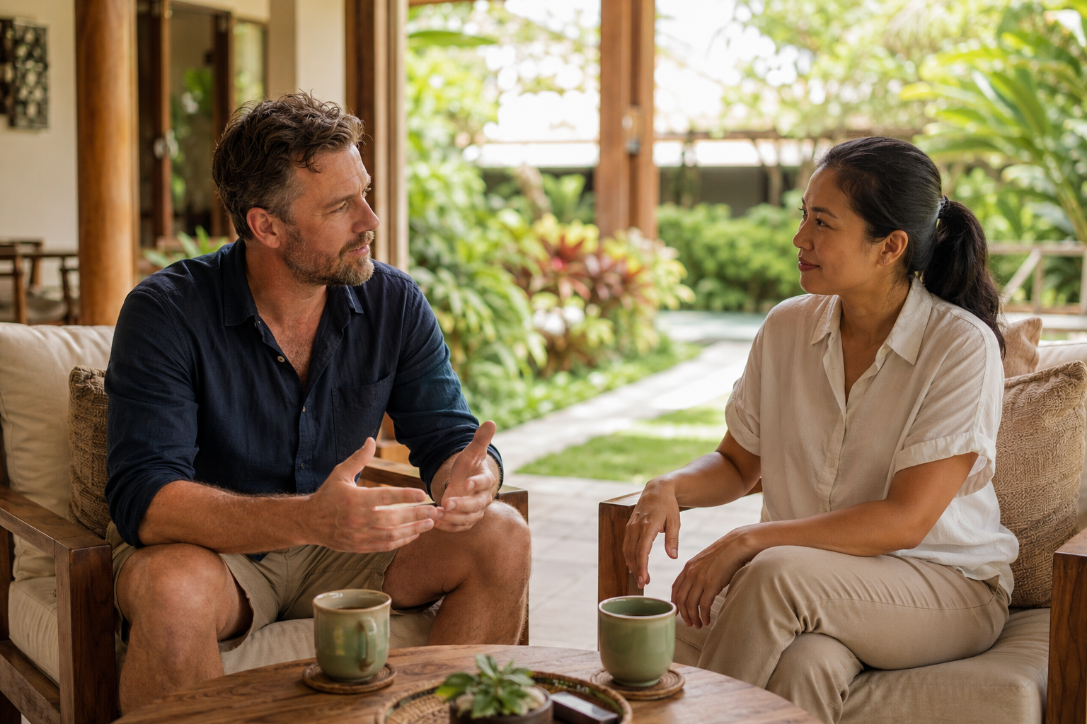 Client discussing addiction triggers and patterns with a therapist at Foundations Bali