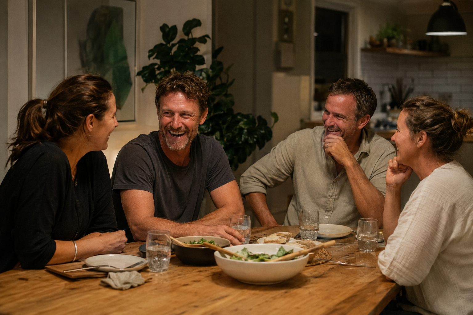 Friends enjoying dinner and socialising without alcohol