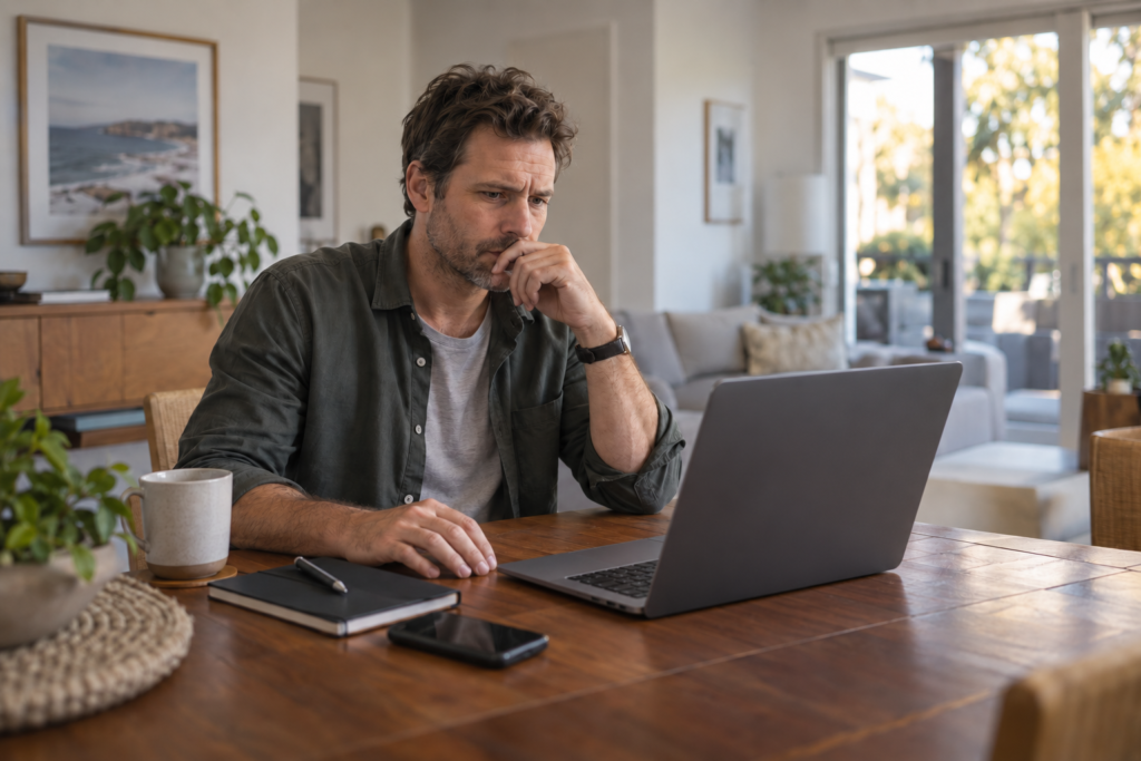 Australian man researching rehab costs and treatment options