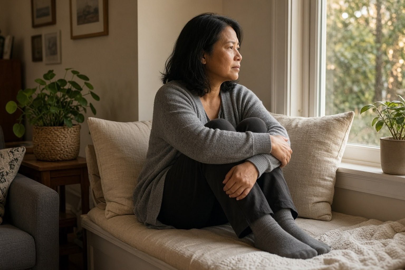 Middle-aged woman in a grey cardigan sits on a window seat hugging her knees, gaz