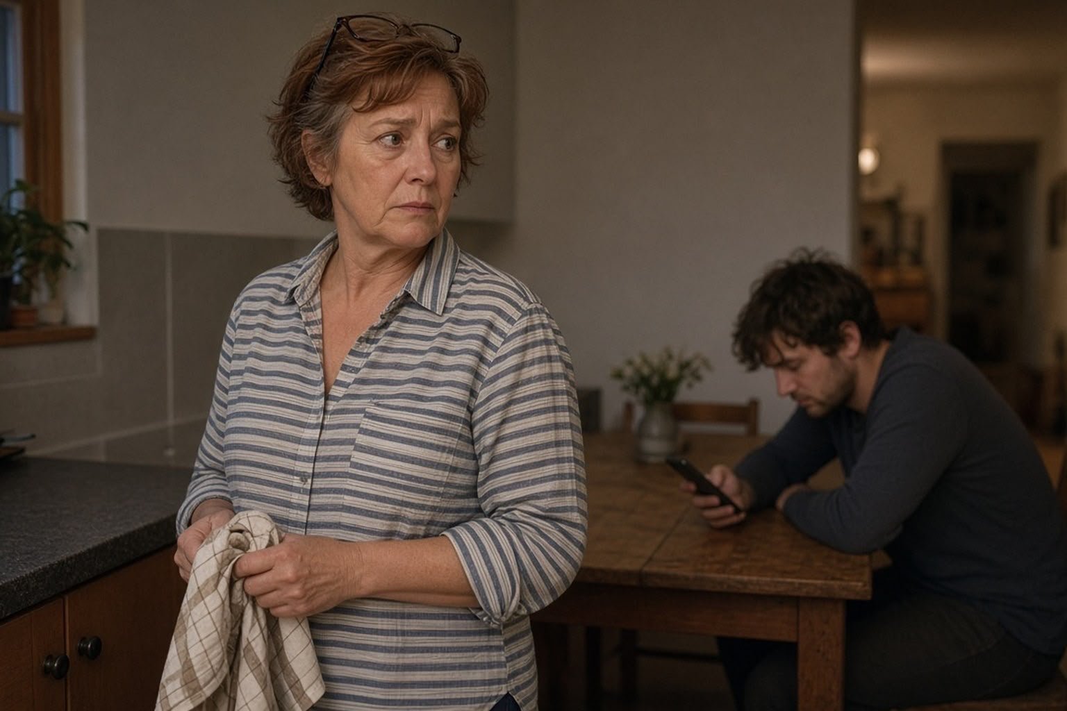Worried older woman holding a tea towel glances back at a young man hunched over