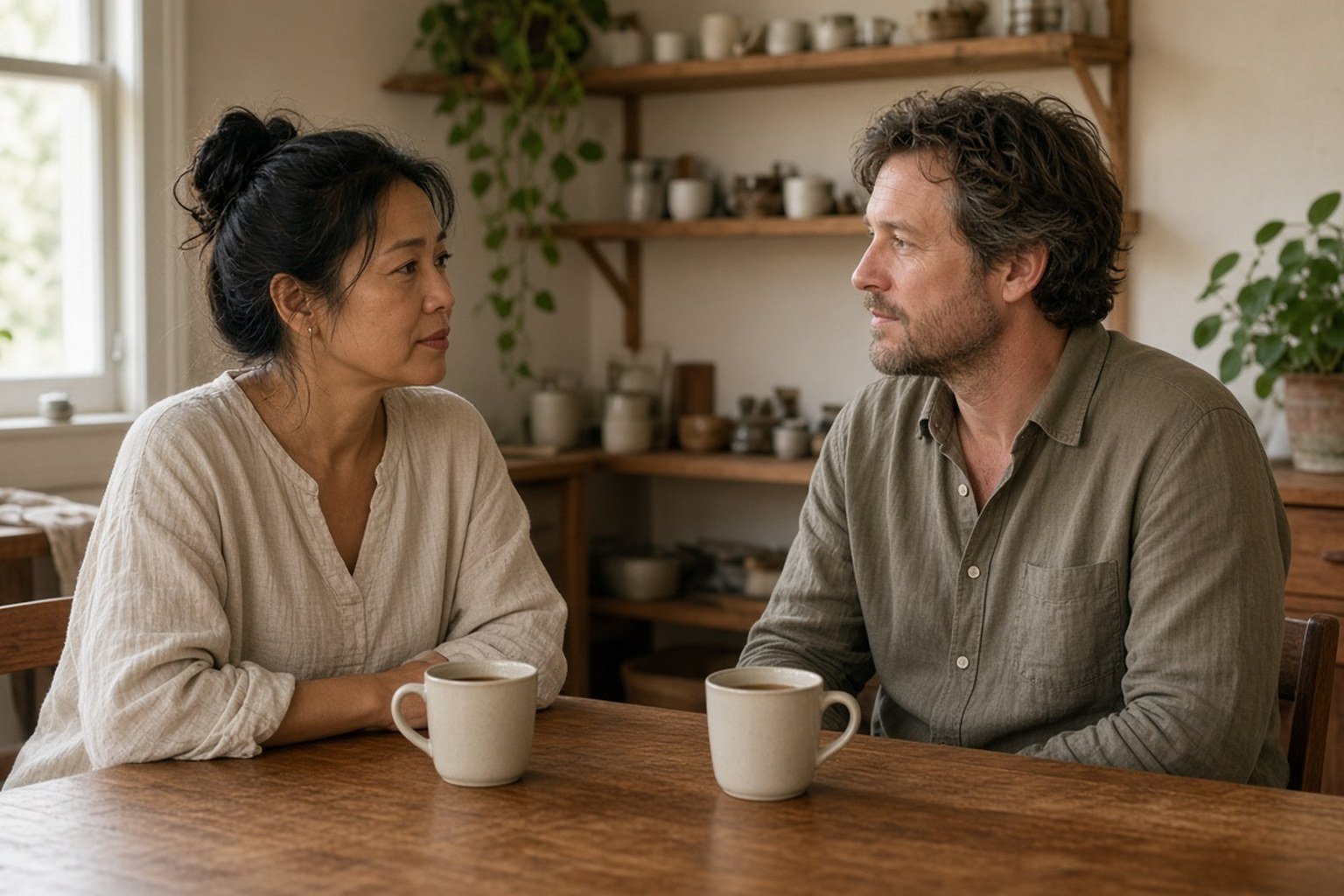 Couple talking calmly at a kitchen table with two mugs of tea.