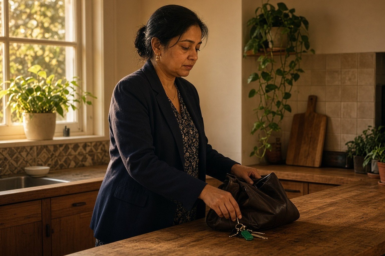 Woman putting her work bag down on a kitchen bench in early evening light