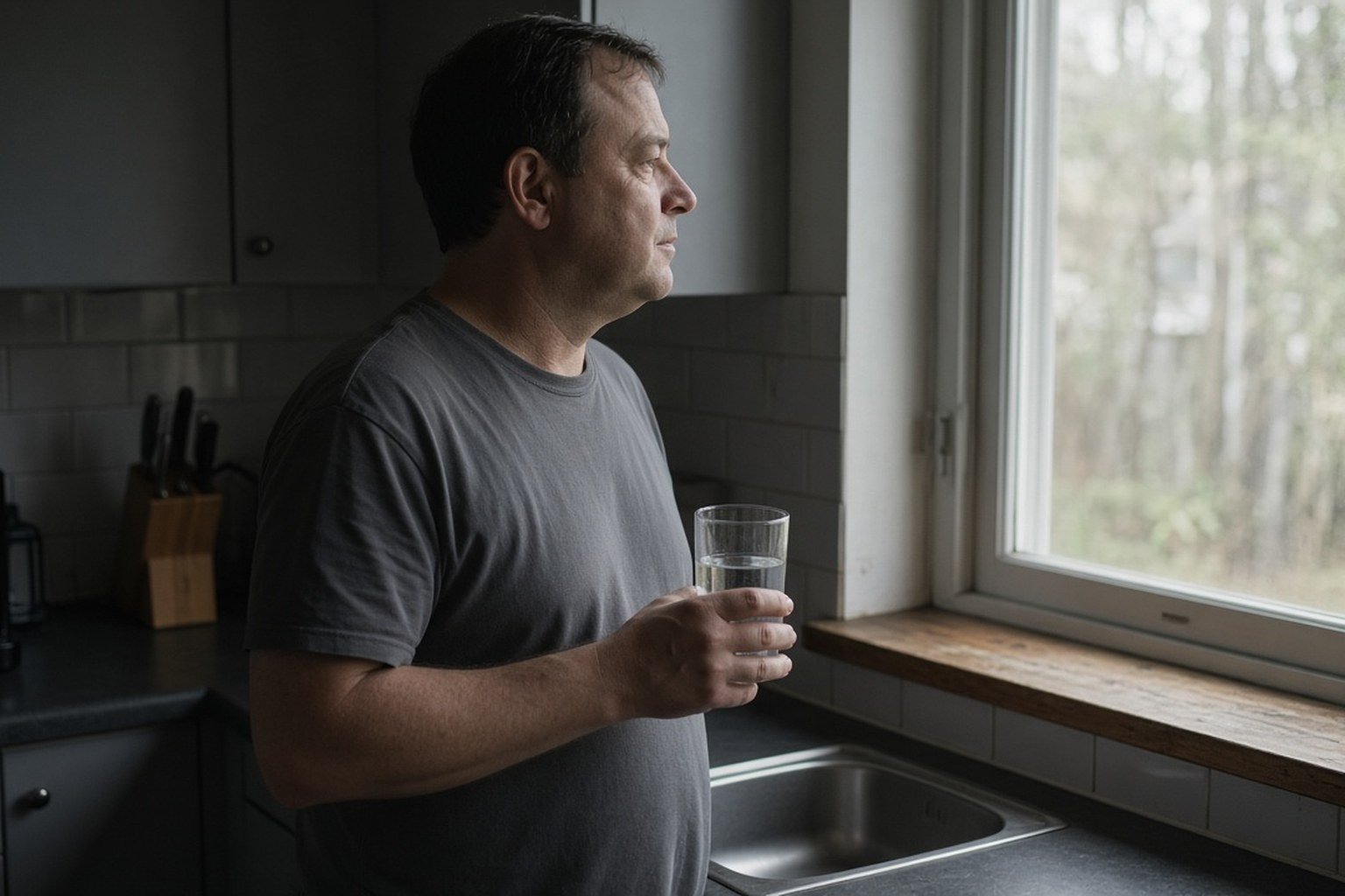 Man standing at a kitchen bench at dawn holding a glass of water