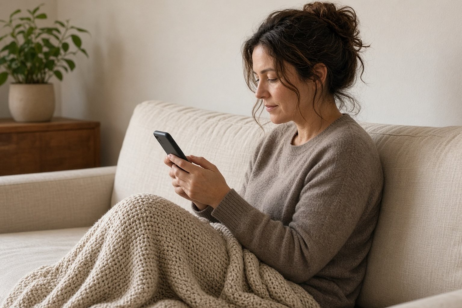 Woman curled up on a linen couch, privately typing a message on her phone.