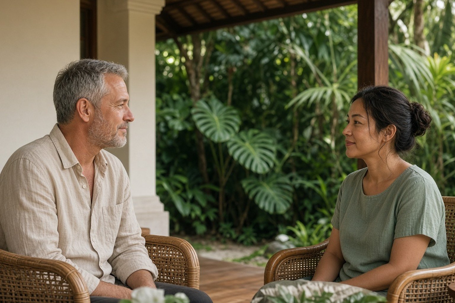 Man talking with a counsellor on a shaded villa veranda in Bali